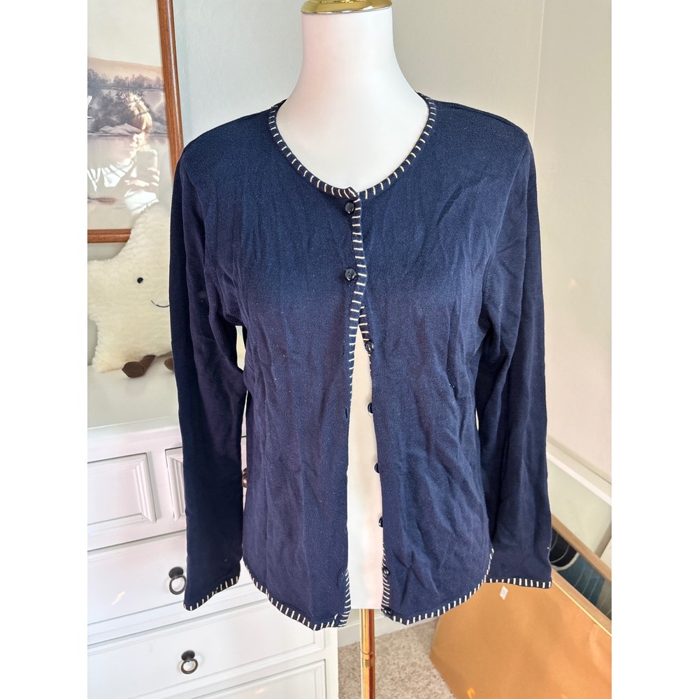 Navy Blue Cardigan Sweater Button Up Knit Crew Neck Contrast Stitch Navy Blue M